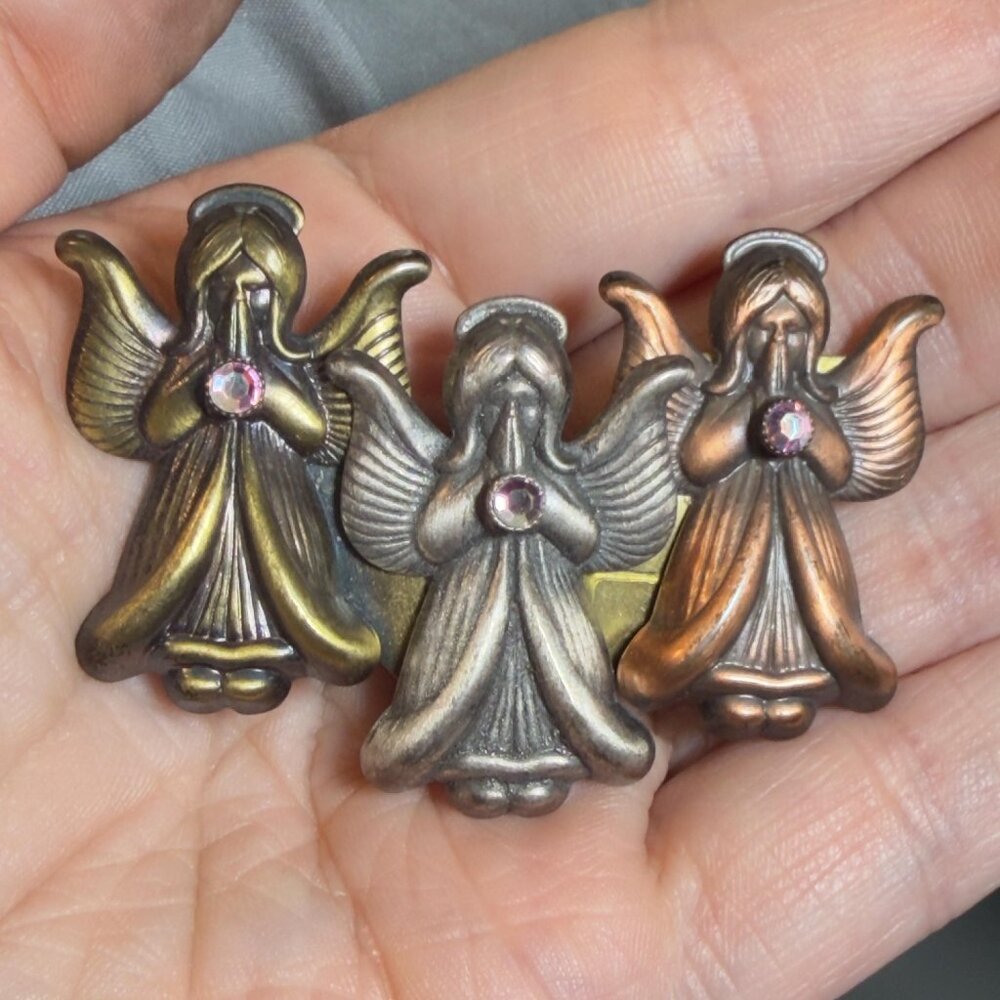 Angel Brooch Three Praying Angels Rhinestone Mixed Metal Vintage Style Pin 2.5"